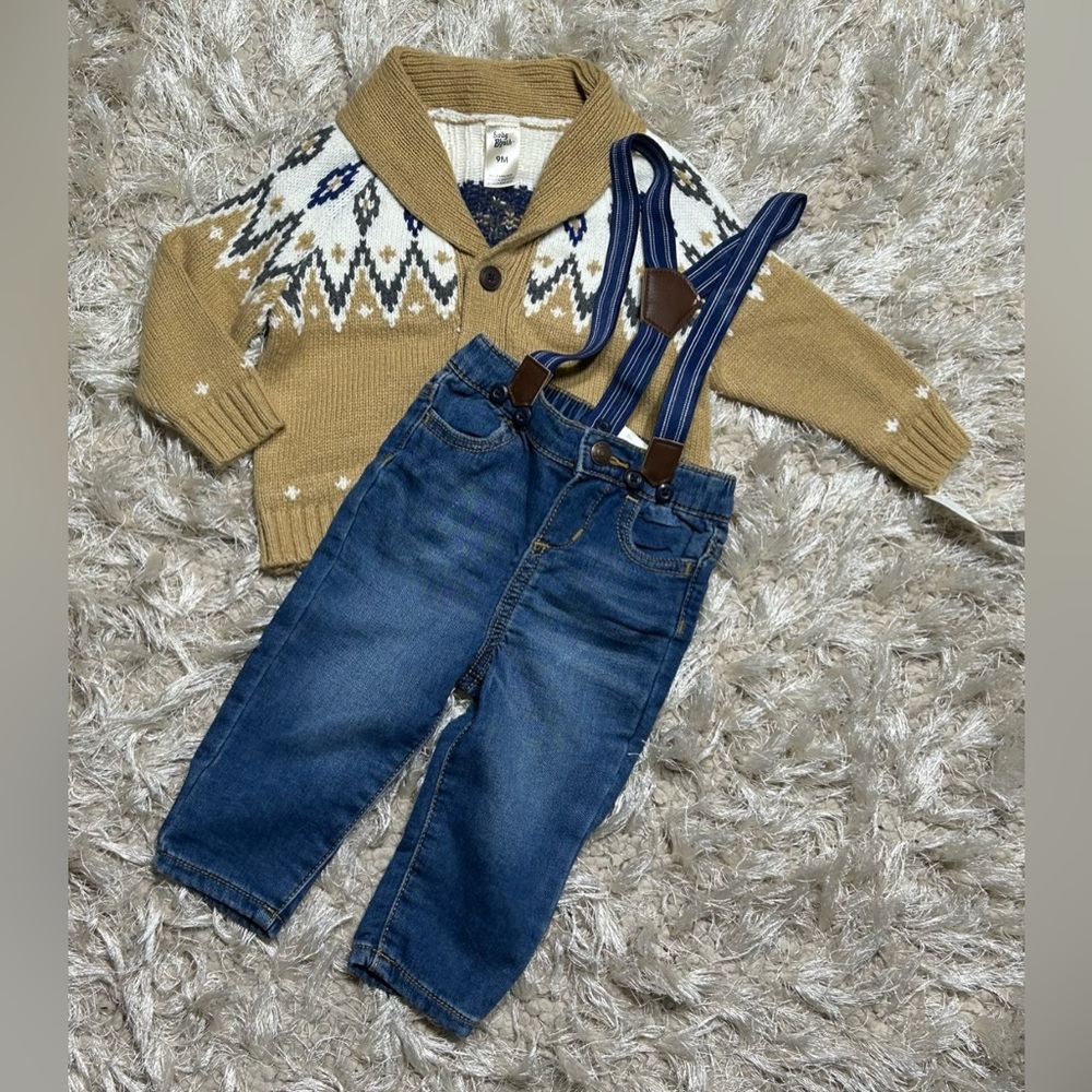 Baby B’gosh sweater and pants w/ suspenders. Size 9m